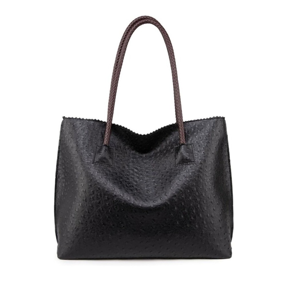 Vegan Leather Tote Bag Black Ostrich Embossed Braided Handle Quiet Luxury Laptop